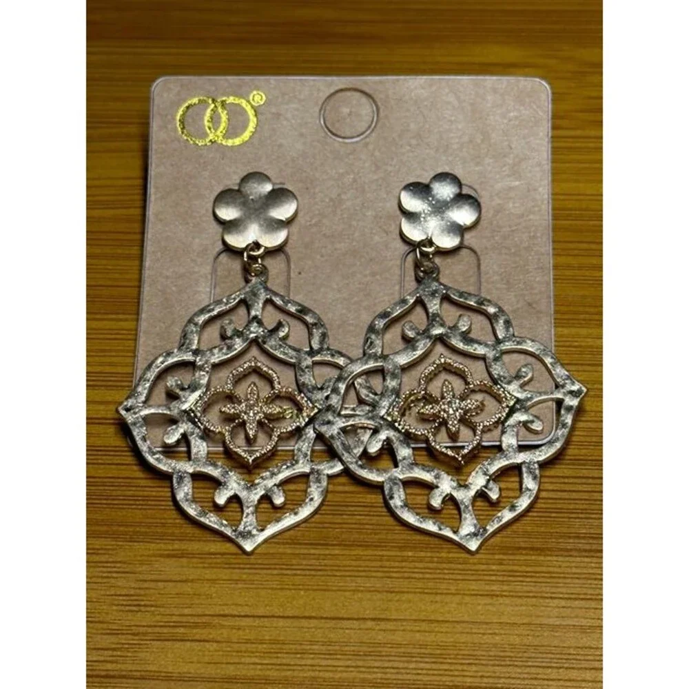 Gold Tone Moroccan Filigree Dangle Earrings Boho Statement Flower Style New